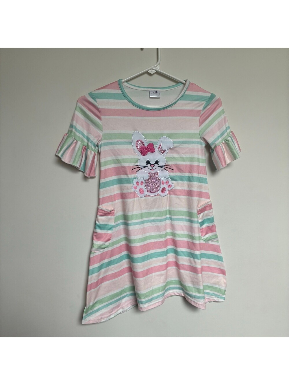 Girls Easter Bunny Striped Dress Pink Green Ruffle Sleeve Size 2XL